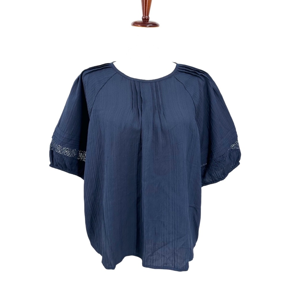 Ann Taylor LOFT Pleated Blouse Navy Blue Short Puff Sleeve Large Petite NWT